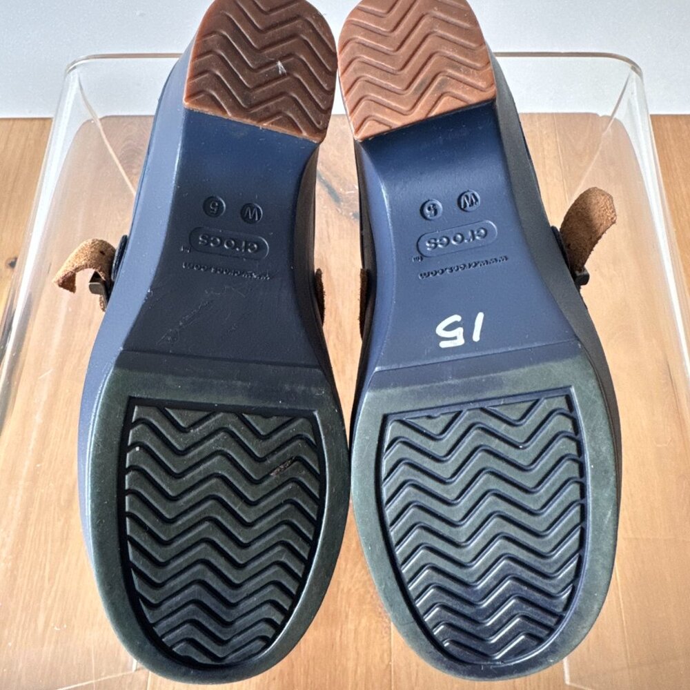 Crocs Sarah Clog Mule Navy Brown Leather Size 5  Minimalist Scandinavian Slip On - Picture 8 of 14